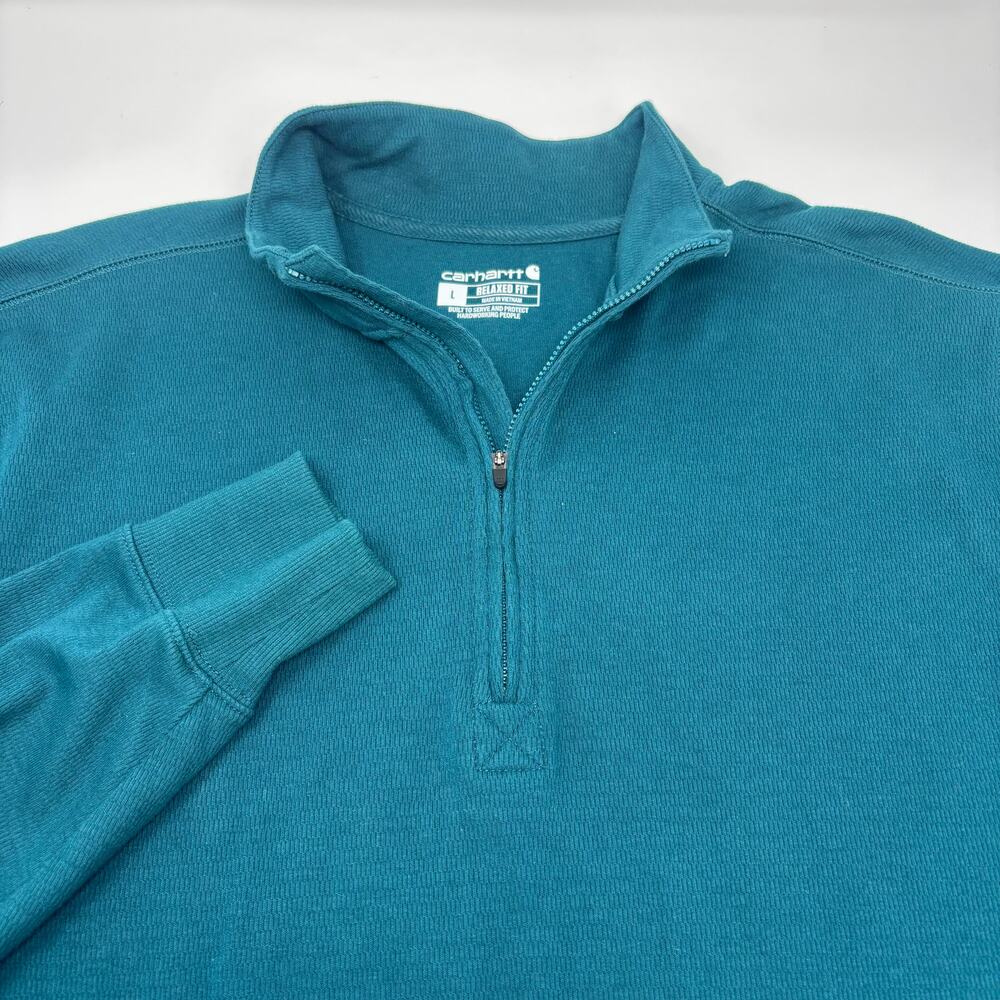 Carhartt Mens Large Green 1/4 Zip Relaxed Fit Long Sleeve Pullover Pouch Sweater